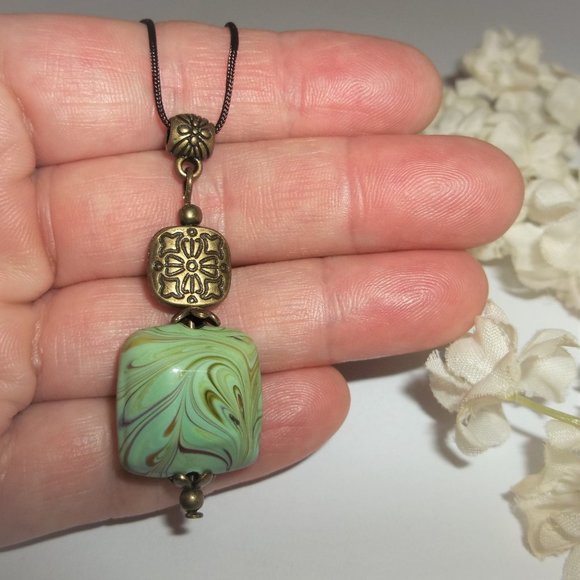 Boho Green & Brown Bronze Beaded Necklace Jewelry Gift For Her Handmade 6742 - Picture 7 of 10